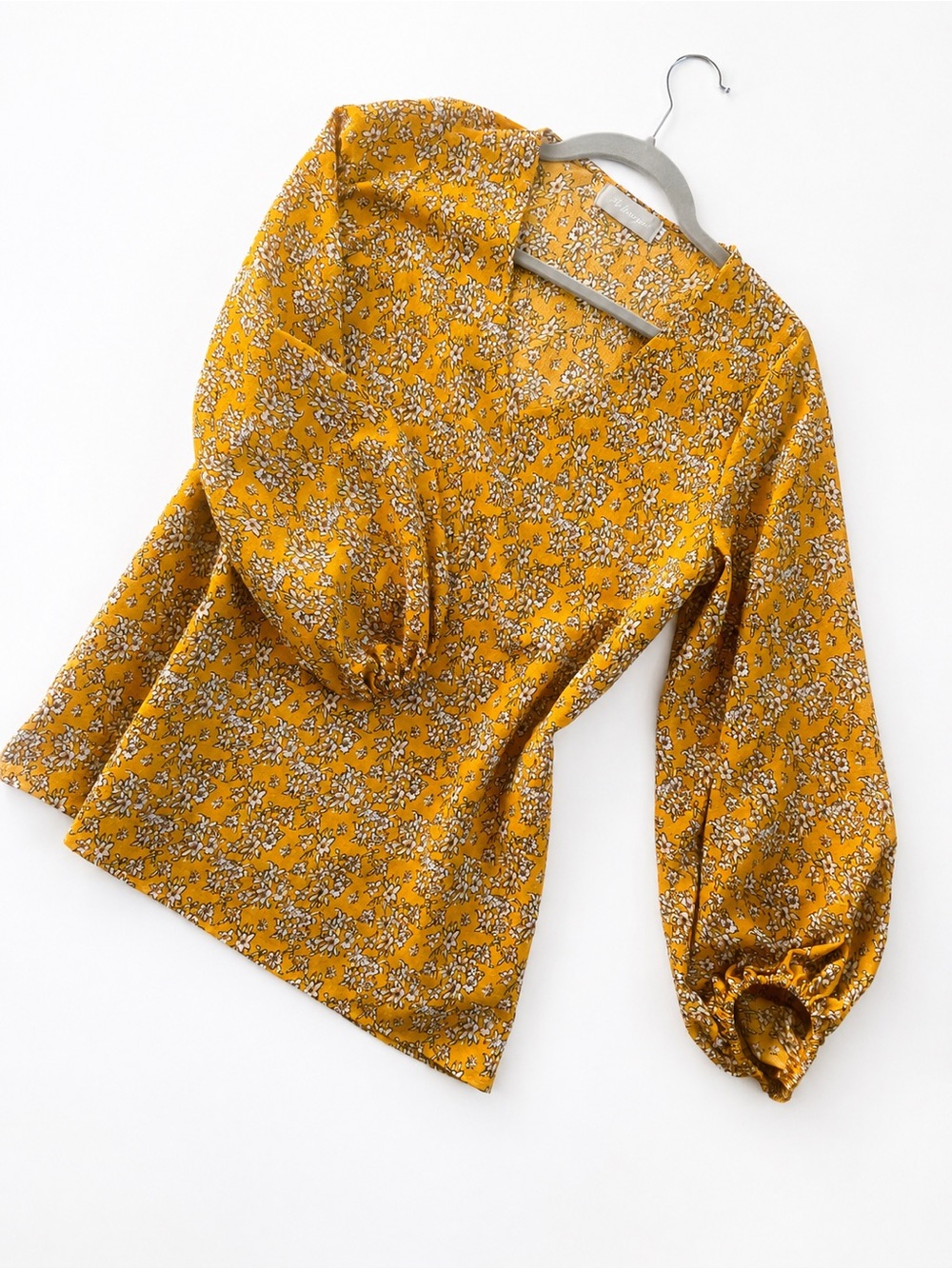 Floral V-Neck Puff Sleeve Blouse - Mustard
